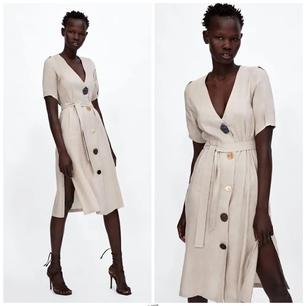 Zara Tan Linen Blend Midi Dress with Multicolor Statement Buttons